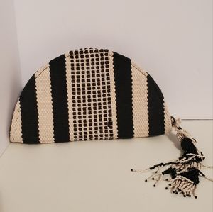 Universal Thread Black & White Woven Clutch with Beaded Tassel.